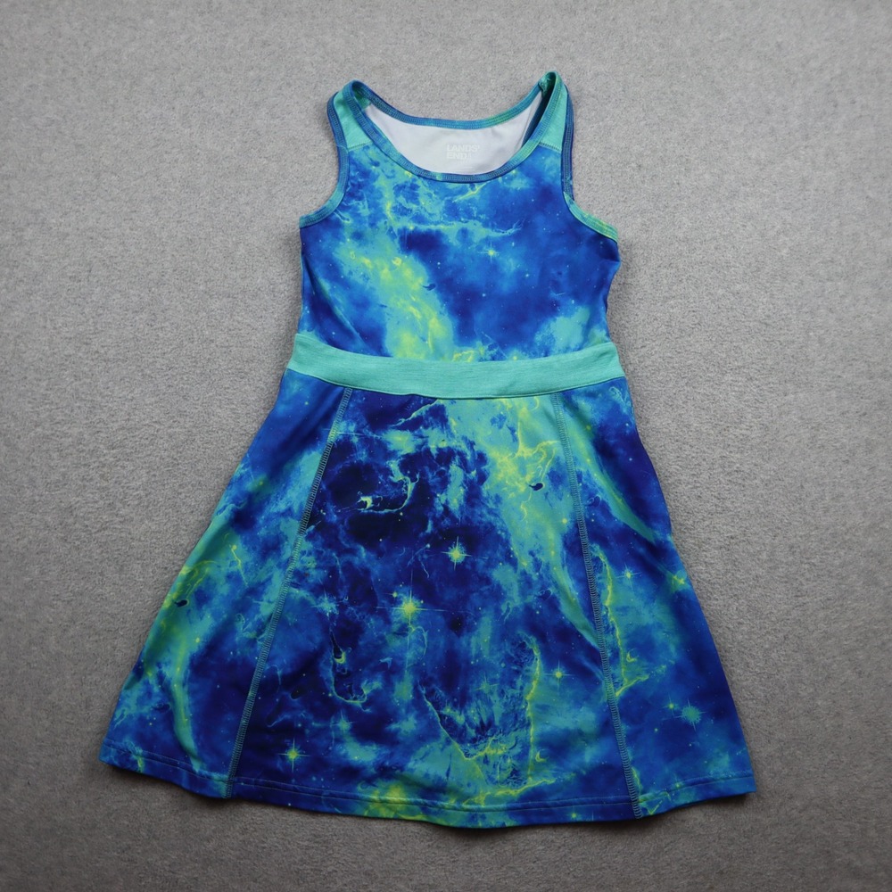 Lands End Dress Girls M 8 Galaxy Nebula Blue Green Sleeveless Active Racerback